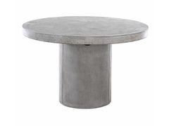 Grey, round, 120 cm concrete 'Zen' outdoor dining table, perfect for alfresco furniture setups, displayed on a plain white background, viewed from the back.