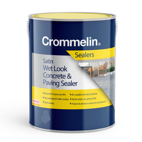 Bucket of Crommelin Satin Wet Look Concrete & Paving Sealer set against a plain white background.
