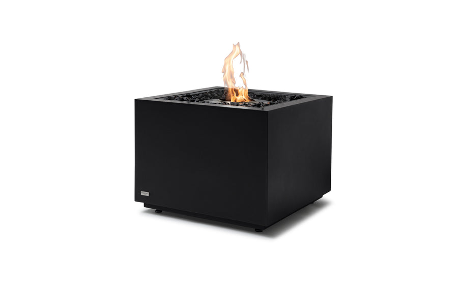 Black cubic EcoSmart Sidecar 24 outdoor firepit displayed on a plain white background, viewed from a front angle.