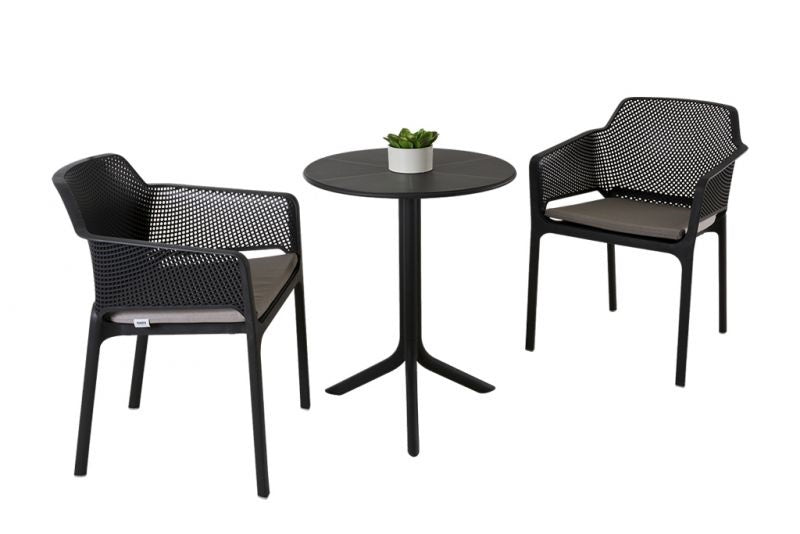 Black resin balcony furniture set, perfect for alfresco furniture setups, consisting of the Nardi Spritz table & two Net chairs, displayed on a plain white background, viewed from a front angle.
