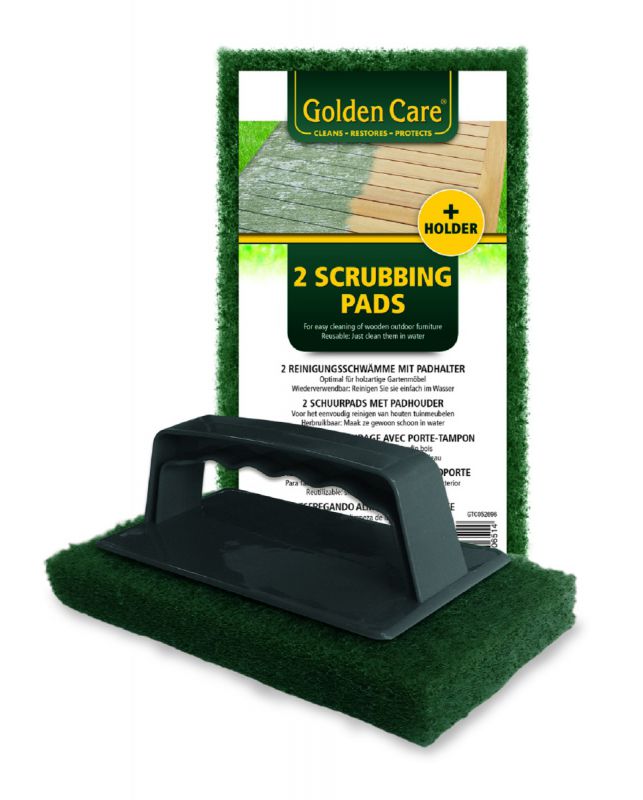 Golden Care Outdoor Scrubbing Pads for applying wood cleaners, set of 2 green pads, placed against plain white background, designed for maintaining outdoor furniture