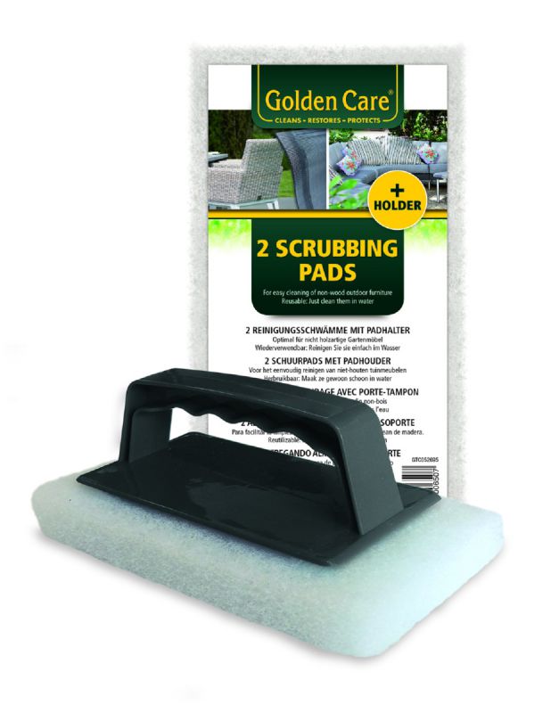 Golden Care Outdoor Scrubbing Pads for applying wood cleaners, set of 2 white pads, placed against plain white background, designed for maintaining outdoor furniture
