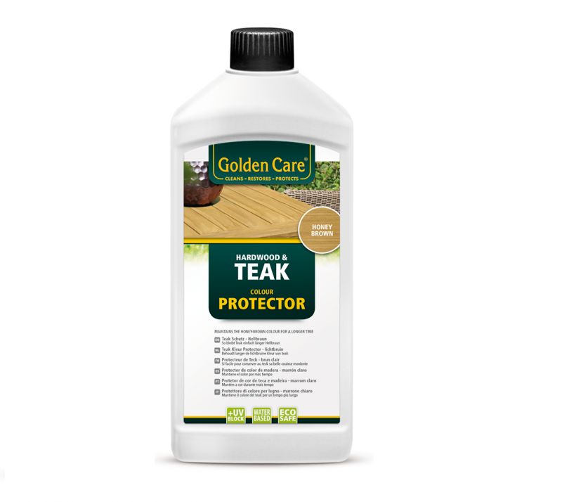 Golden Care Outdoor Teak Protector Honey Brown 1 Litre bottle, set against plain white background, designed to protect and extend the life of outdoor furniture