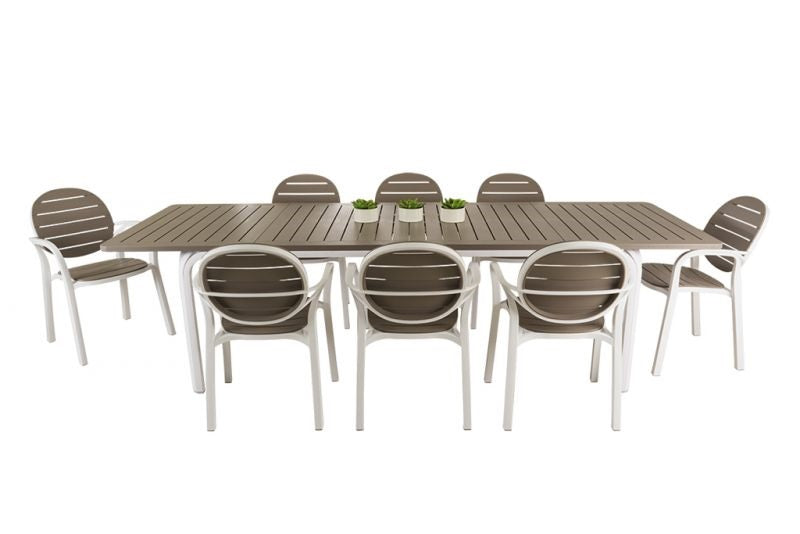 Brown & white resin outdoor dining set, perfect for alfresco furniture setups, displayed on a plain white background, viewed from the front. The table has 3 small pot plants on it.