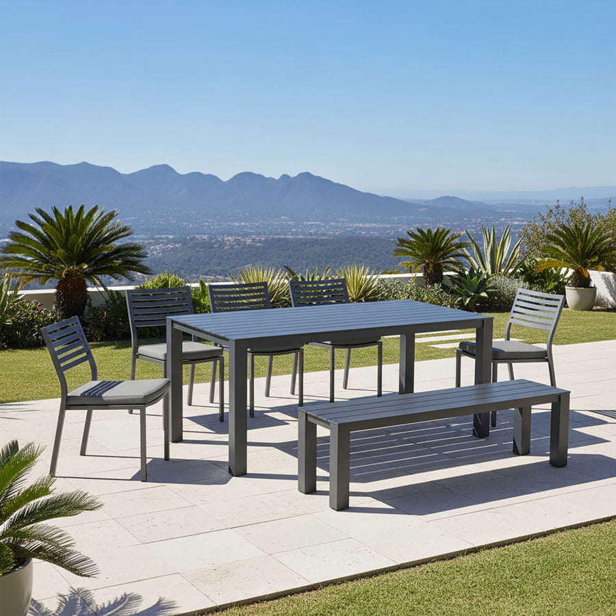 Vernon 220 cm Table Vernon 200 cm Bench and Coda Chair Outdoor Dining Setting