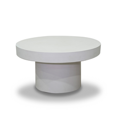 Zen round outdoor concrete coffee table, 90 cm, set on a plain white background. The coffee table is in a white colour.