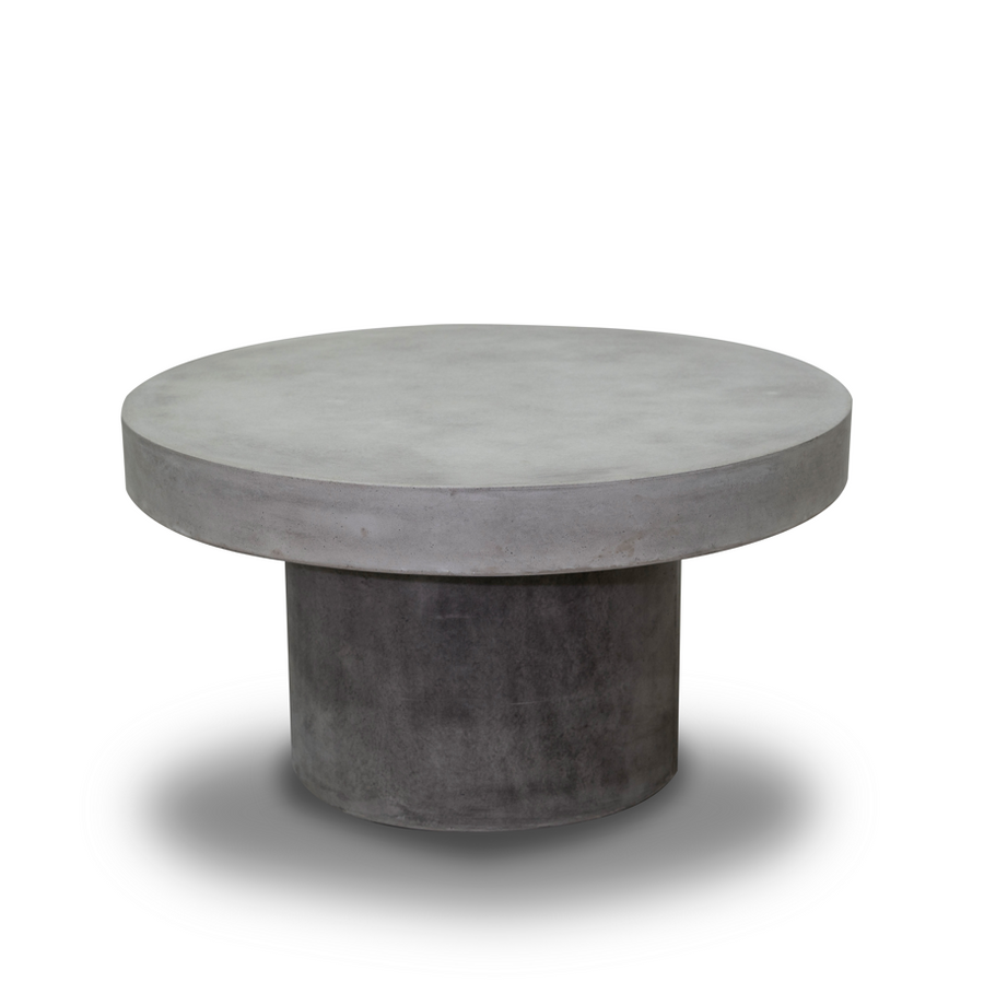 Zen round outdoor concrete coffee table, 90 cm, set on a plain white background. The coffee table has a dark-grey weathered cement colour.