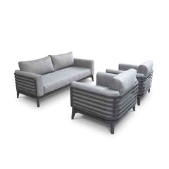 Alora range outdoor furniture including a 1-seater and 5-seater outdoor lounge, made of durable aluminium, perfect for the Aussie sun. Current setup: a couch, chair, and ottoman in a room.