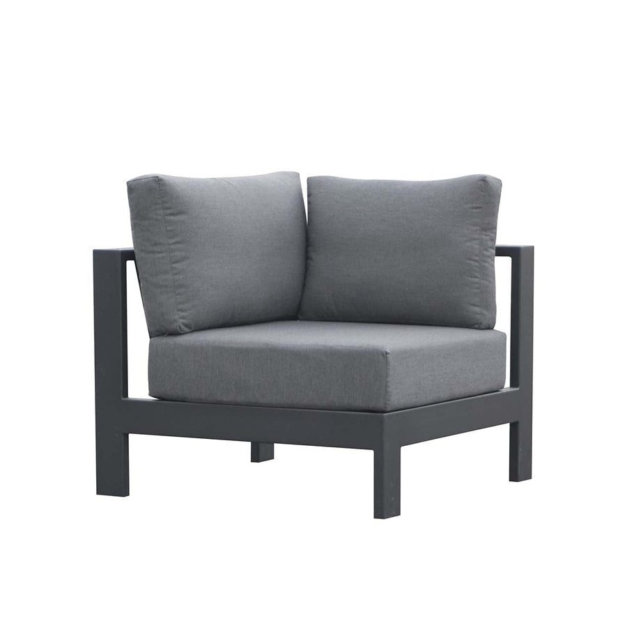 Outdoor furniture: An aluminium corner lounge with charcoal frame and charcoal fabric set against a white background.