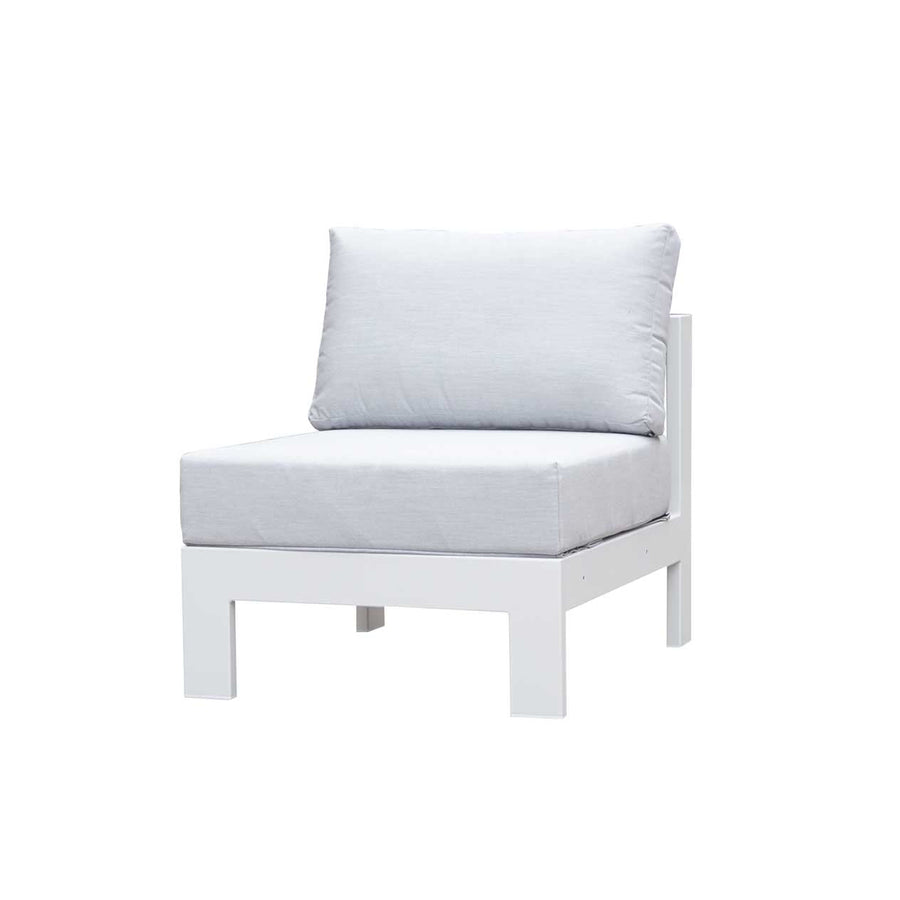 Outdoor furniture: An aluminium armless chair with white frame and light grey fabric set against a white background.