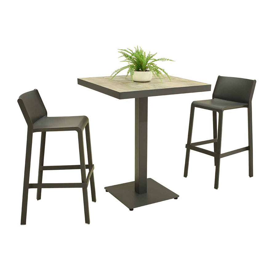 An outdoor bar furniture set including our brown, square Clifton ceramic outdoor table & 2 black Nardi Trill resin bar stools (for a touch of Italian outdoor furniture), displayed on a plain white background, viewed from a front angle.
