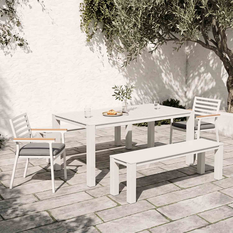 Vernon 160 cm Table Vernon 140 cm Bench and Lotus Chair Outdoor Dining Setting
