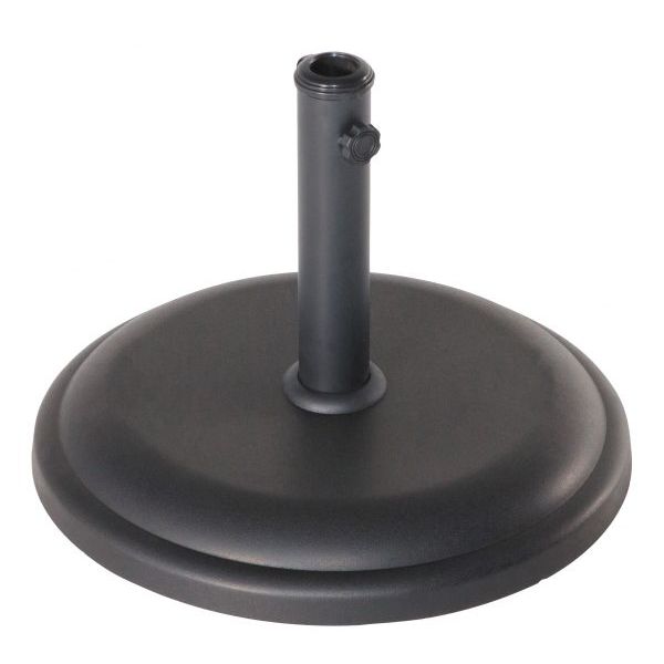 Black round concrete umbrella base set against a plain white background, designed to complement outdoor furniture setups.