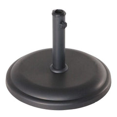Black round concrete umbrella base set against a plain white background, designed to complement outdoor furniture setups.