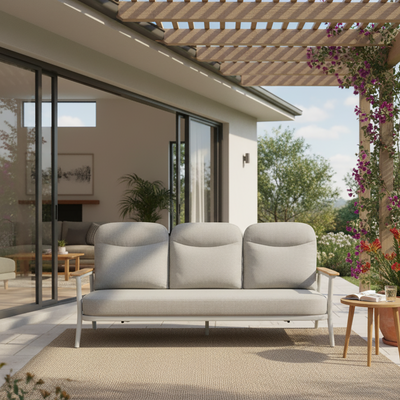 A contemporary 3 seater outdoor lounge featuring sleek lines and elegant dark grey cushions, perfect for stylish outdoor relaxation.