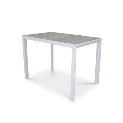  A minimalist Clifton Outdoor Ceramic Bar Table measuring 140 cm, featuring a sleek white aluminium frame and a light gray ceramic tabletop set on a white background.