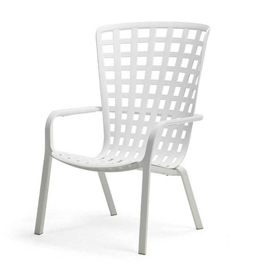 The modern Nardi Folio Outdoor Resin Balcony Leisure Armchair in white, set on a white backdrop, featuring a lattice grid design on the high backrest and seat. It's crafted from a durable, weather-resistant white resin, ideal for outdoor settings. 