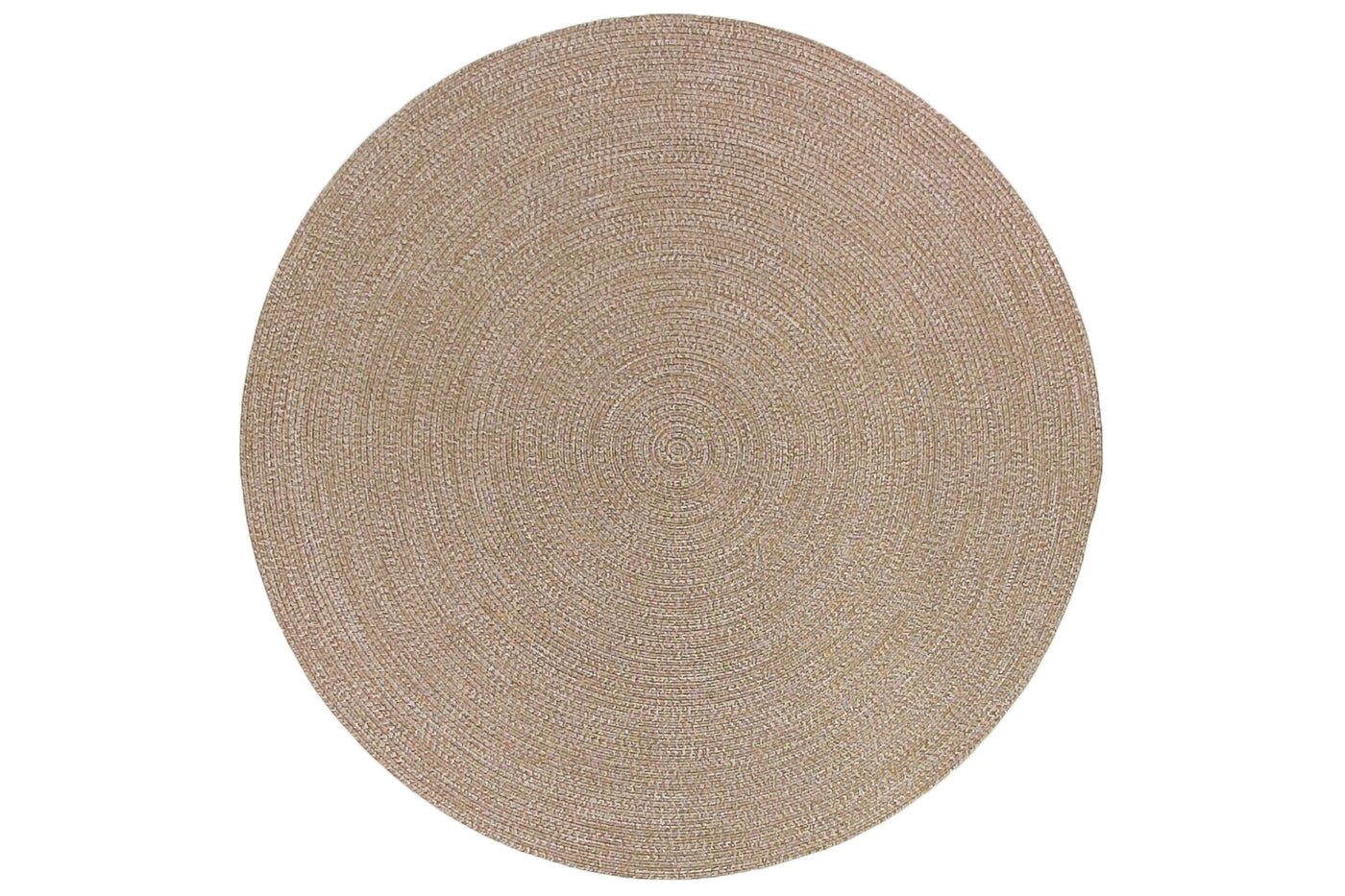 Round brown outdoor rug, displayed on a plain white background, perfect for adding style to outdoor spaces.