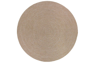 Round brown outdoor rug, displayed on a plain white background, perfect for adding style to outdoor spaces.