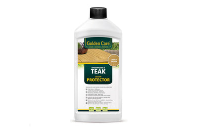 Bottle of Golden Care hardwood and teak colour protector, set against a plain white background. We highly reccomend you invest in this outdoor furniture protector.