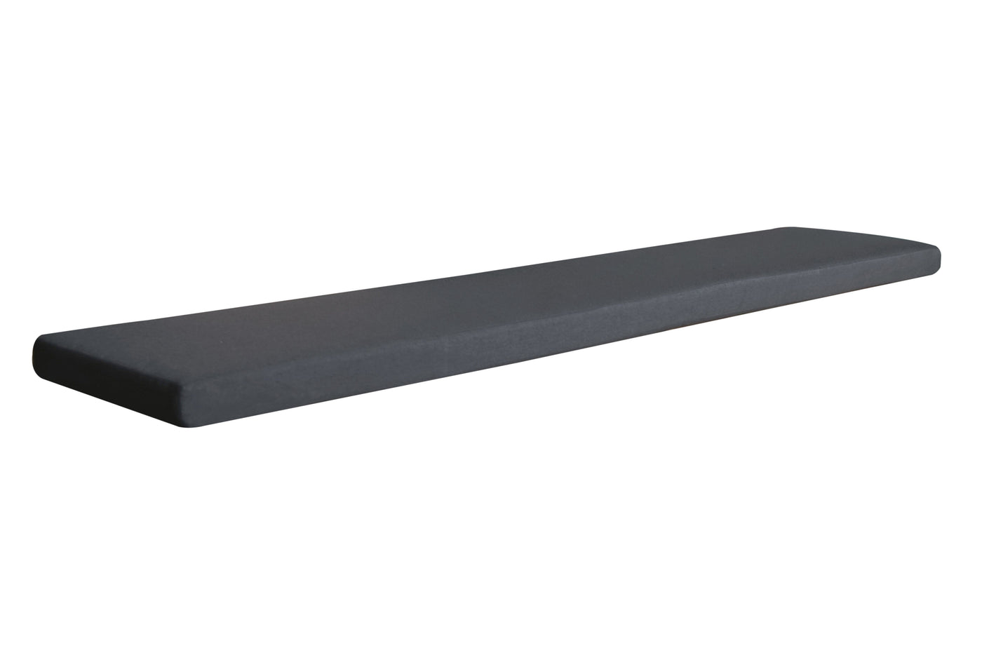 Dark grey outdoor bench seat cushion set against a plain white backdrop. This is just one example of our bench seat cushions for style and comfort.