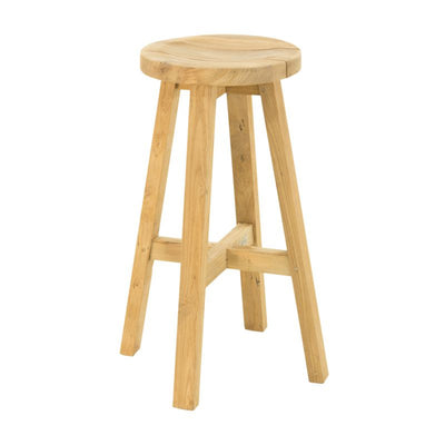 Cara Outdoor Recycled Teak Bar Stool with a round, grained seat with visible knots, set on three splayed legs with footrest, against a white background.