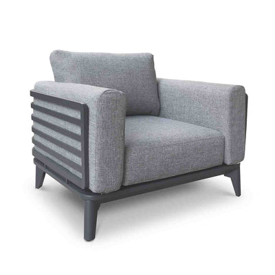 A modern Alora Outdoor Aluminium Armchair in Charcoal with a dark grey frame, light grey cushions, slatted side panels, and tapered legs, displayed against a white background.