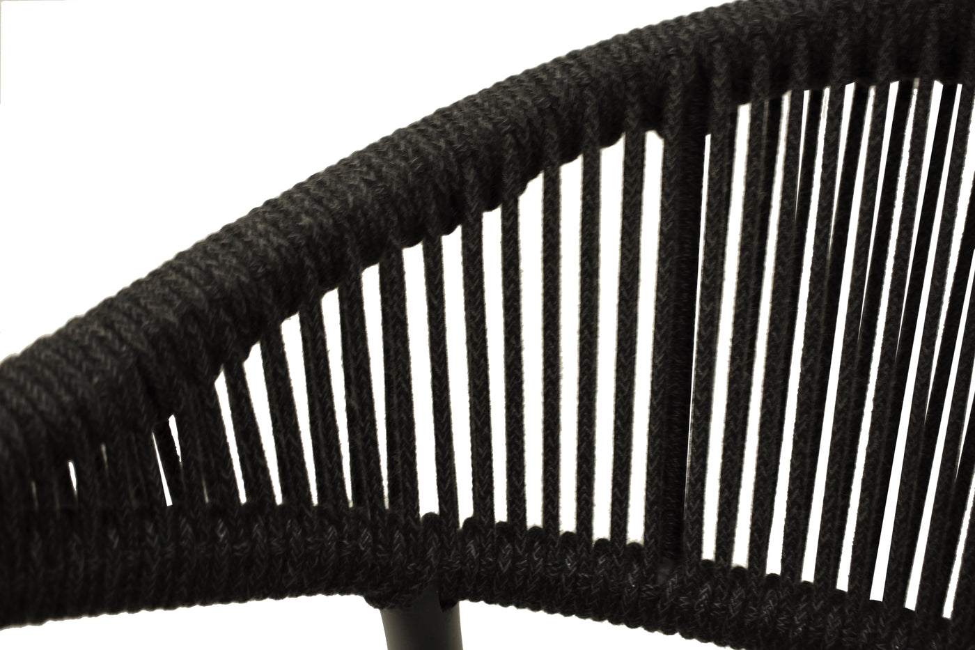 A detailed close-up of a black chair set against a plain white background showcases its rope design. The rope outdoor furniture has a stylish modern aesthetic.