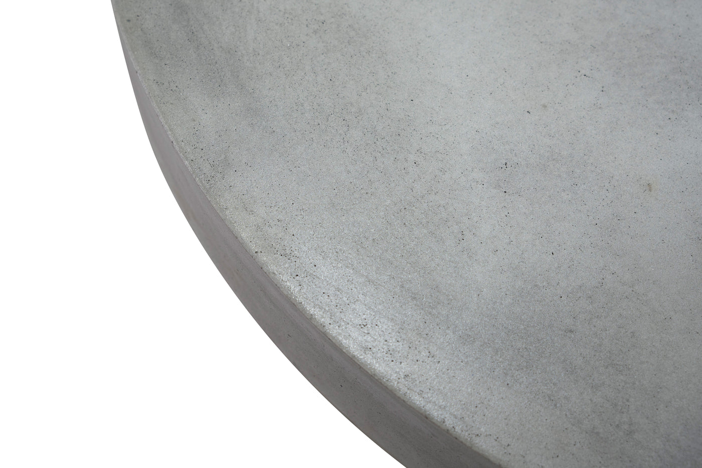 Close-up on the concrete tabletop of a grey outdoor table set against a plain white background, highlighting the smooth texture of the concrete outdoor furniture.