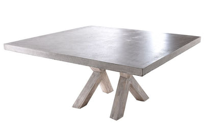 Zen square concrete table from our outdoor furniture collection, with customizable teak or metal legs.