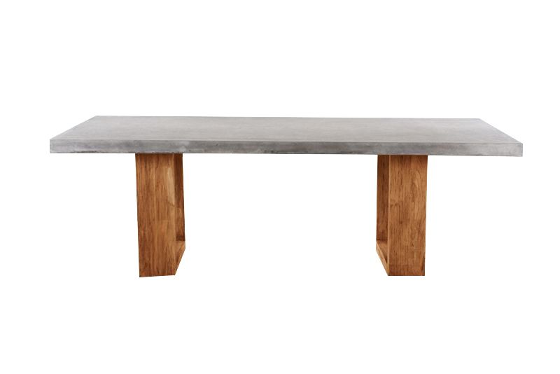 Zen concrete table with customizable teak or metal legs, perfect for outdoor furniture settings.