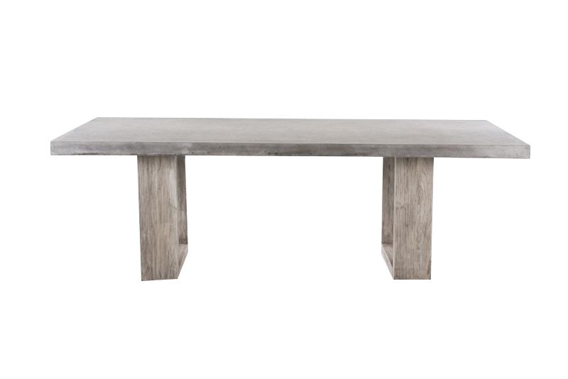 Zen concrete table with customizable teak or metal legs, perfect for outdoor furniture settings.