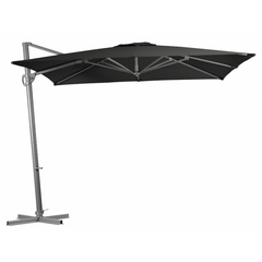 Black & grey square cantilever outdoor umbrella displayed on a plain white background, viewed from the side.