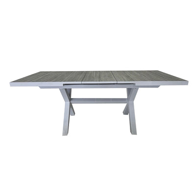 White ceramic extendable outdoor dining table from the 'Clifton' range, perfect for alfresco furniture setups, displayed on a plain white background, viewed from the front.
