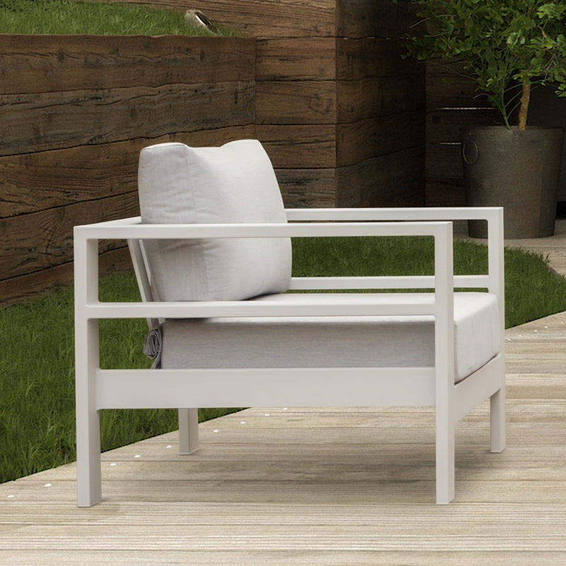 Albury outdoor furniture collection featuring outdoor chairs and aluminium outdoor furniture, including a white chair sitting on top of a wooden deck.
