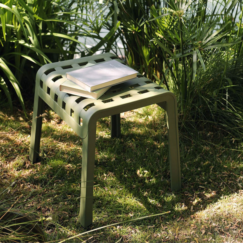 Handcrafted Nardi Folio footstool in anthracite, white, and grass green, made from 100% recyclable materials for outdoor furniture use