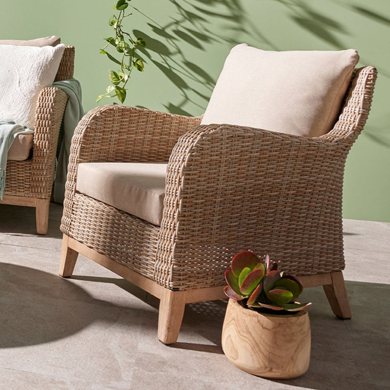 Noosa outdoor loungers, beige wicker outdoor furniture chairs, weather-resistant and stylish