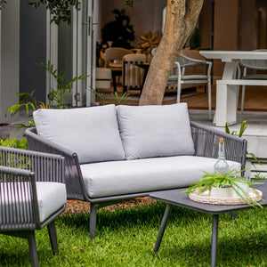 Outdoor furniture set from Truro Rope Series, featuring a rope chair, outdoor lounge chair, and a 3-seater sofa, displayed as a couch and two chairs in a yard.