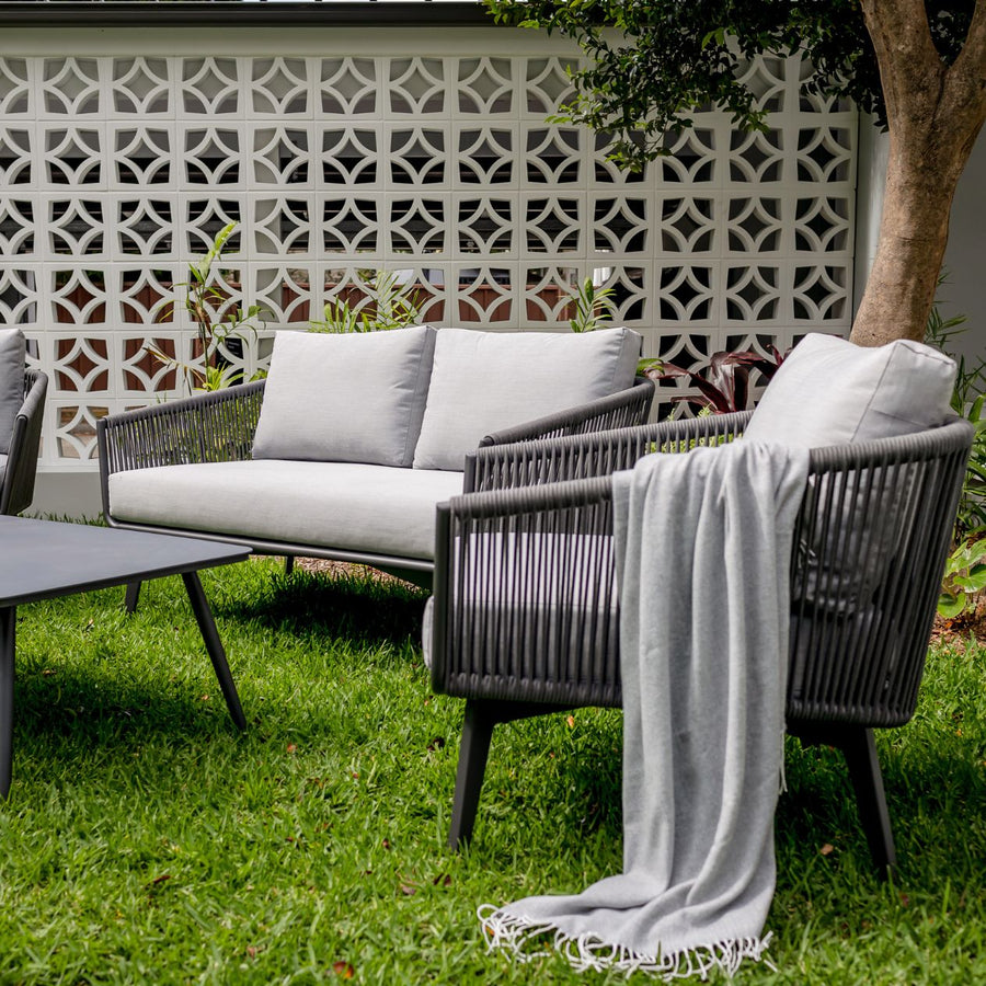 Outdoor furniture collection featuring Truro Rope Series: armchair, 2-seater, 3-seater sofa, footrest. Perfect for cozy catchups.