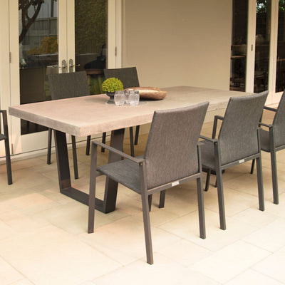 Zen square concrete table with customizable Teak or metal legs, perfect for outdoor furniture.