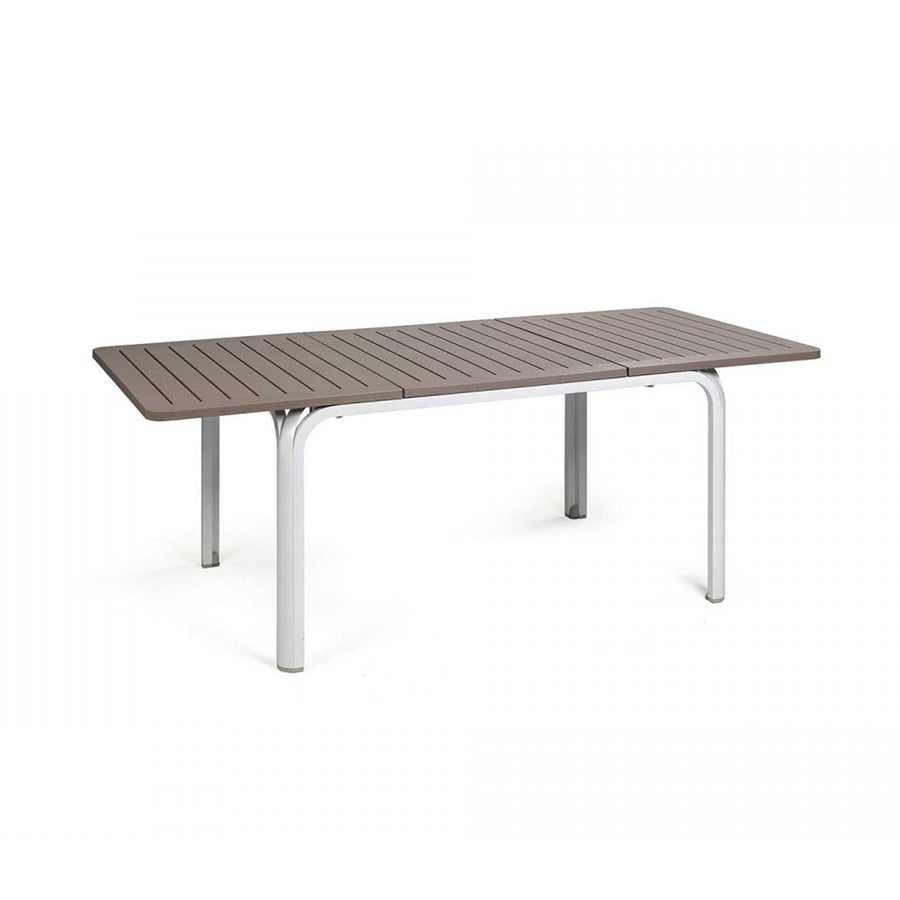 White & brown 140/210 cm Nardi Alloro Resin Extension Dining Table, ideal for alfresco furniture setups, displayed on a plain white background, viewed from a front angle.