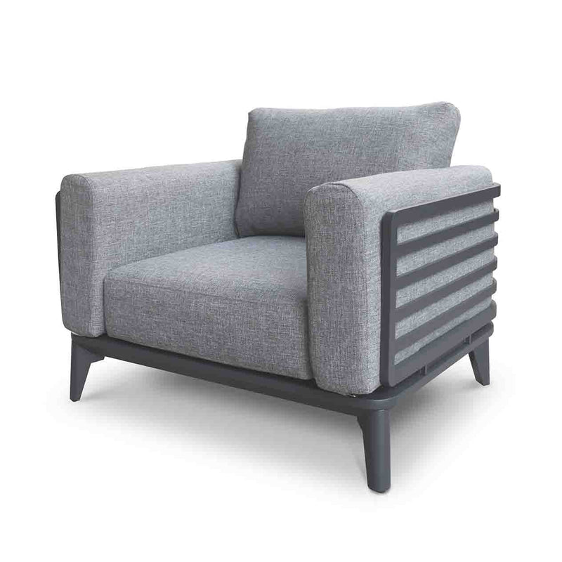 Alora range aluminium outdoor furniture, featuring a grey outdoor lounge chair with black legs and a grey cushion, perfect for your outdoor living setup.