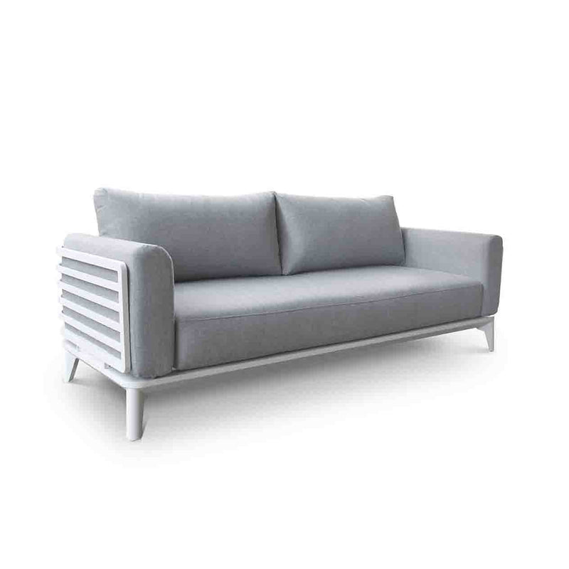 Alora range outdoor furniture, featuring a gray couch with pillows, perfect for outdoor lounge. Durable aluminium outdoor furniture built for Aussie sun.