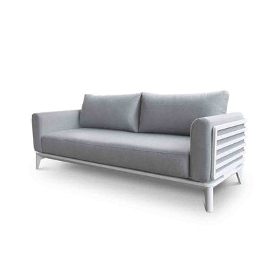 Aluminium outdoor furniture from Alora range, featuring a 3-seater outdoor lounge with white frame and light grey cushions, perfect for outdoor living setup.