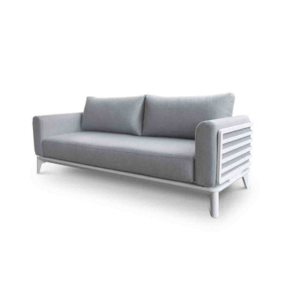 Alora range aluminum outdoor furniture, featuring a gray outdoor lounge chair with pillows, designed for durability and comfort.