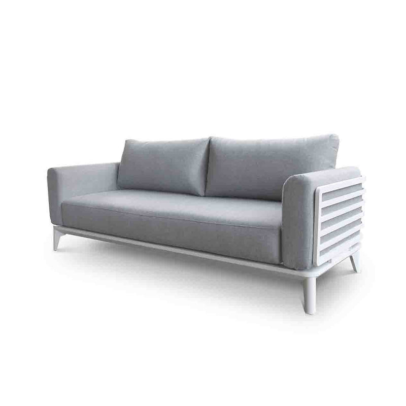 Aluminium outdoor furniture from Alora range, featuring a 3-seater outdoor lounge with white frame and light grey cushions, perfect for outdoor living setup.