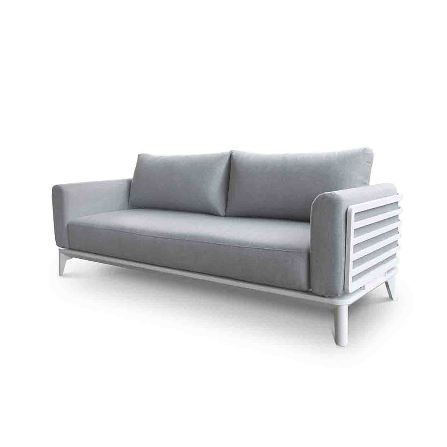 Aluminium outdoor furniture from Alora range, featuring a 3-seater outdoor lounge with white frame and light grey cushions, perfect for outdoor living setup.