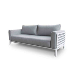 Aluminium outdoor furniture from Alora range, featuring a 3-seater outdoor lounge with white frame and light grey cushions, perfect for outdoor living setup.