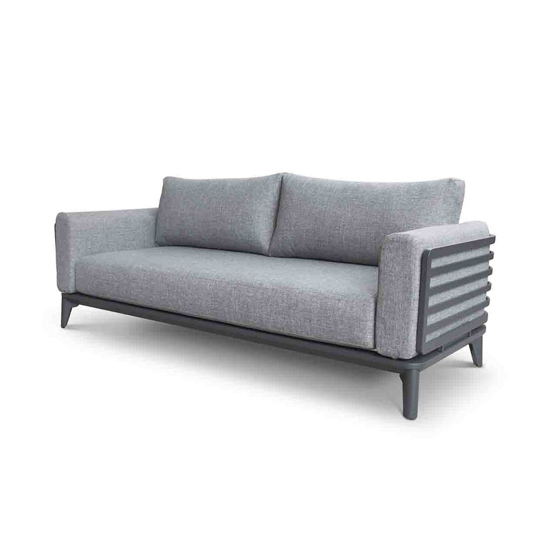 Aluminium outdoor furniture from Alora range, featuring a 3-seater outdoor lounge with charcoal frame and cushions, perfect for outdoor living setup.