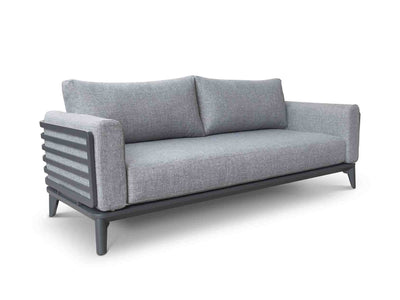 Alora range aluminium outdoor furniture, featuring a grey outdoor lounge with black legs and a grey cushion, designed for durability and comfort under the Aussie sun.